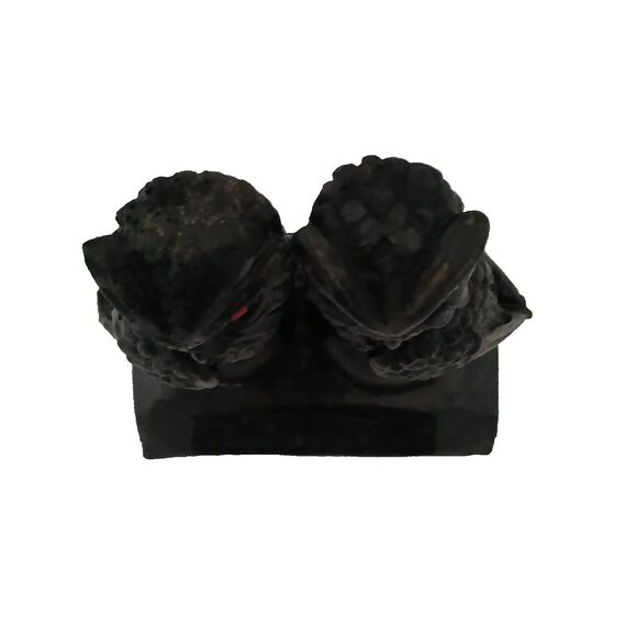 Hand Crafted From Coal Pair Of Owls Mates Statue Black With Red Rhinestone Eyes - Picture 4 of 11